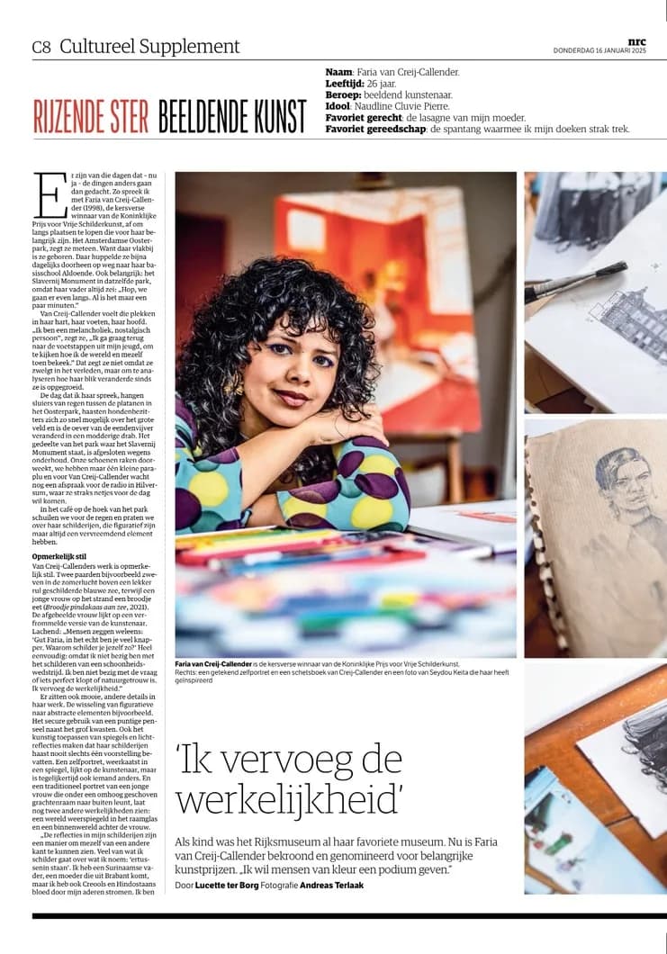 NRC Rijzende Ster Beeldende Kunst: Faria van Creij-Callender. Geschreven door Lucette ter Borg 2025